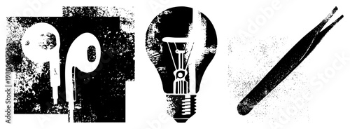 Retro styled earbuds, incandescent bulb, precision tweezers, gritty halftone texture, vector, isolated graphic elements.