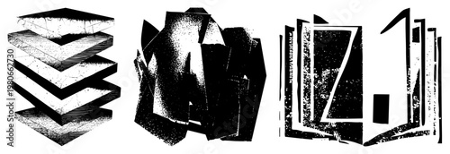 Stylized layered forms with halftone texture, graphic design elements, vector illustrations, bold shapes, art, digital print, modern minimalism.