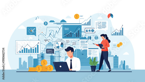 Business team analyzing complex financial and urban data overlays while working in an office with a panoramic city view background.