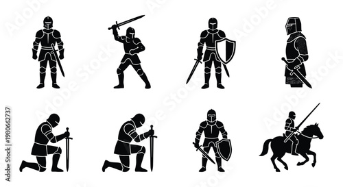 Medieval knight silhouette set, 8 black warrior icons with swords and armor, ancient soldier figures in battle poses, historical military vector collection