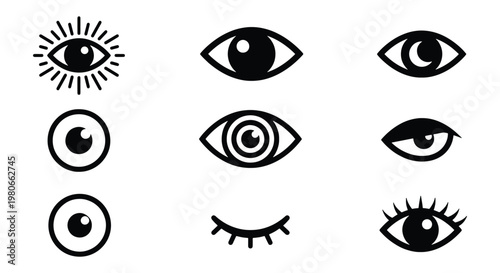 Minimalist eye icon set, collection of 9 black vector eyeball symbols, mystical and geometric vision signs for logo design and web interface