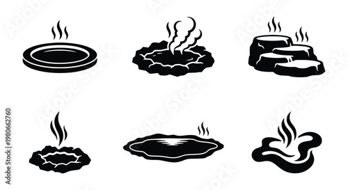 Minimalist hot spring icons set, black and white geothermal geyser vector illustrations, thermal pool and steaming volcanic water elements