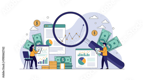 Couple of professional analysts using a giant magnifying glass to examine growth trends in financial data, currency, and stock performance.