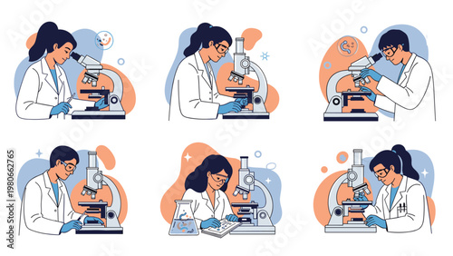 Set of diverse scientists working in a laboratory environment using microscopes and taking notes to conduct detailed biological research.