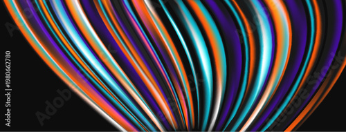 Abstract colorful lines radiate from bottom left, creating dynamic visual effect against dark background. Smooth curves, vibrant hues.