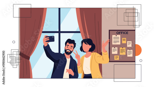 Cheerful office colleagues taking a friendly selfie photo in a bright workspace featuring a notice board with various notes and reminders.