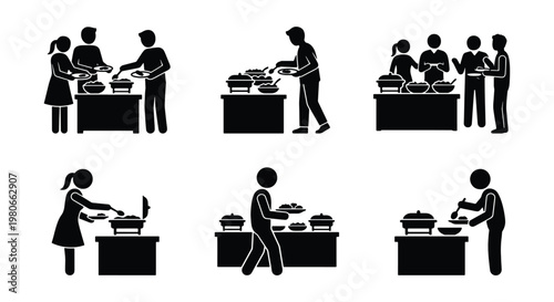 Buffet catering service icon set, people serving food at banquet tables, black stick figure silhouettes for restaurant and event dining