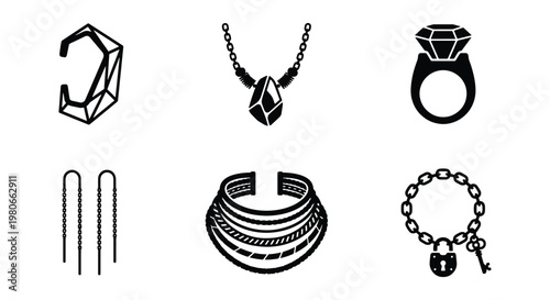 Black jewelry icon set with 6 vector elements, minimalist luxury accessories including diamond ring and necklace, elegant fashion jewelry silhouettes