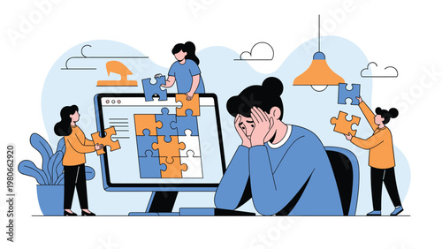 Stressed woman sitting at a desk while small figures work together to assemble a complex data puzzle on her computer monitor screen.