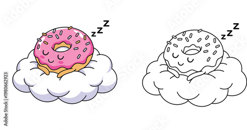 Cute Cartoon Pink Donut Character Sleeping on a Cloud, Coloring Book Illustration with Color and Line Art Versions for Kids