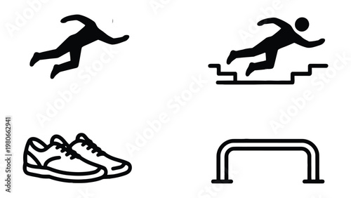 Parkour Icons: Illustrated with four distinct symbols: A person in motion, scaling steps, athletic shoes, and a simple horizontal bar, all designed in a clean, minimalist style. 