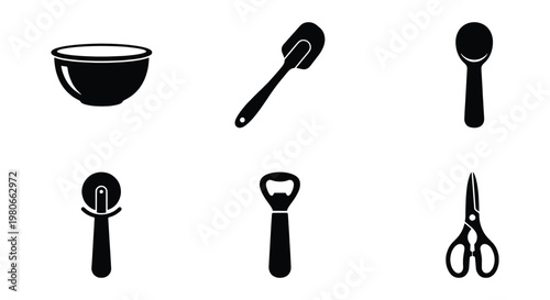 Minimalist kitchen utensils icon set, black solid vector cooking tools collection, 6 culinary equipment symbols for food preparation and baking