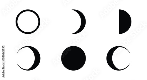 Minimalist moon phases icon set, black lunar cycle silhouettes, celestial astronomy vector elements for astrology and space design