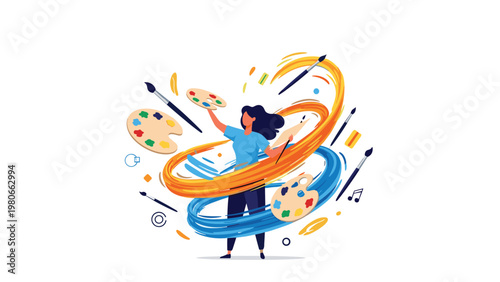Creative woman artist standing surrounded by vibrant swirls of colorful paint, artist palettes, and various brushes for artistic expression.