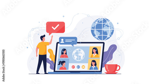 Professional man participating in a global video conference on a laptop screen with a diverse group of female colleagues and coffee.