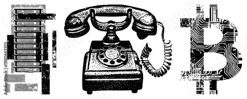 Retro rotary telephone with coiled cord, Bitcoin cryptocurrency symbol, halftone dot, digital finance, classic communication device.