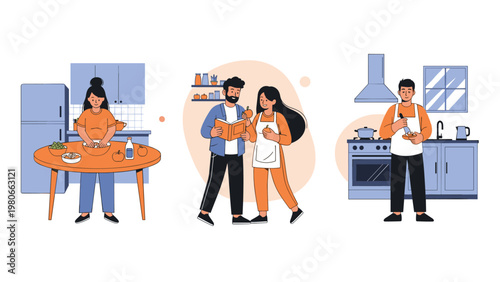 Series of home activities showing a woman kneading dough, a couple reading a cookbook, and a man cooking at a modern kitchen stove.