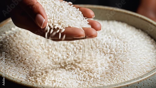 Hands mixing white grain in bowl