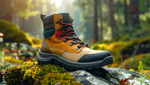 Hiking boot with colorful rope laces and d ring eyelets made of suede and nylon on a mossy forest rock generative AI