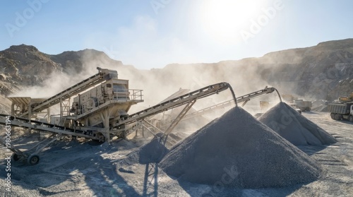 Industrial Quarry Processing Plant with Crushing Machinery and Piles of Aggregate