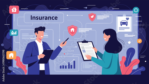Professional insurance agents discussing customized policy options for home, car, and health with various security and protection icons.