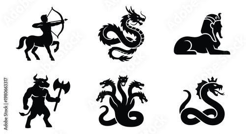 Mythological creatures silhouette icons, set of 6 fantasy monster vectors, ancient greek and egyptian legend symbols for gaming and logo design