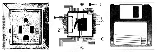 Retro power socket, circuit board with labeled pins, floppy disk drive, digital era relics, tech nostalgia, obsolete hardware, isolated vector.