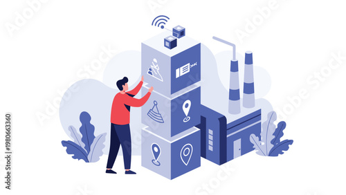 Industrial worker stacking digital blocks representing data and supply chain management in a modern factory setting.