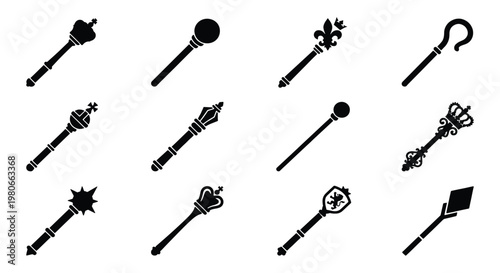 Medieval scepter silhouette icons, royal ceremonial mace and wand collection, 12 black vector elements for fantasy gaming and heraldry