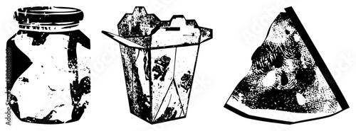 Grunge halftone illustrations of a mason jar, takeout container, and watermelon slice. Retro food packaging, distressed texture, vector art, black and white, isolated objects.