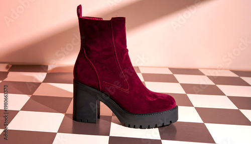 High platform block heel boot in burgundy velvet on a checkered retro floor under warm nostalgic seventies style indoor lighting generative AI
