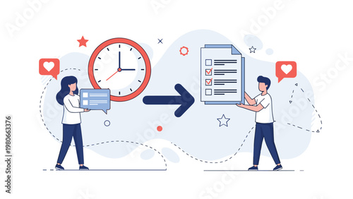 Team of workers organizing tasks and project management workflow with a giant clock and digital checklist illustration.