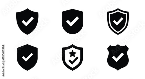 Security shield icons with check marks, black minimalist protection symbols, set of 6 vector safety emblems for cybersecurity and data privacy