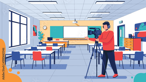 Professional videographer using a camera on a tripod to record a lesson in a modern empty school classroom.