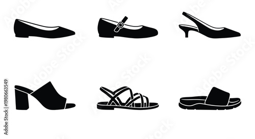 Minimalist women's shoes icon set, black silhouette footwear collection of 6 vector elements, elegant female fashion footwear icons for retail