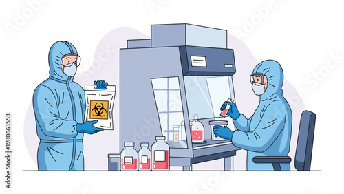 Scientists wearing protective hazmat suits working with hazardous samples in a modern laboratory for medical research.