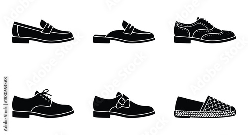 Classic men's footwear collection, 6 black shoe icons including loafers and oxfords, formal dress shoes and casual slip-on vector set
