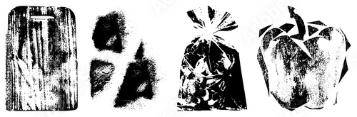 Black and white halftone stylized wooden nail, abstract forms, crinkled plastic bag, bell pepper. Vector graphic, isolated elements,, screen print texture.
