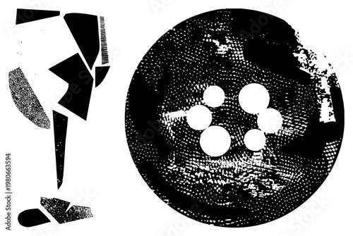 Black and white graphic with fragmented angular forms and halftone texture, featuring five circular voids within a textured circle, abstract art, vector design.