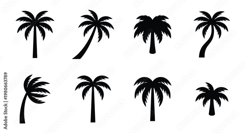 Fototapeta premium Black palm tree silhouette icons, set of 8 tropical coconut tree vector elements, summer beach vacation symbols on white background