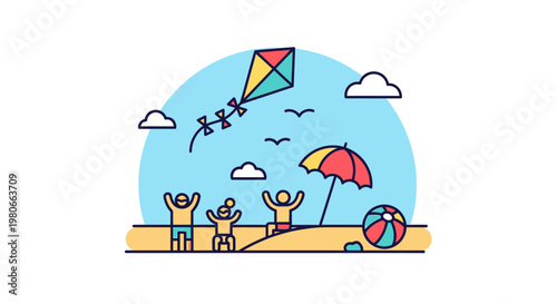 People on Beach with Kite.