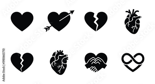 Black heart icon set, 8 vector heart symbols including broken heart and anatomical heart, romantic love and health icons for web design