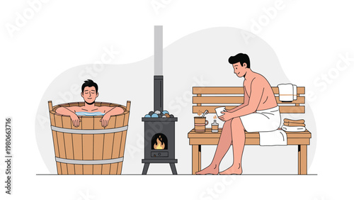 Men relaxing and enjoying a traditional sauna session for health, wellness, and stress relief benefits.