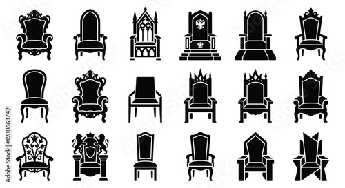 Royal throne icons set, 18 black silhouette king and queen chairs, medieval furniture vector collection, gothic and ornate seating elements