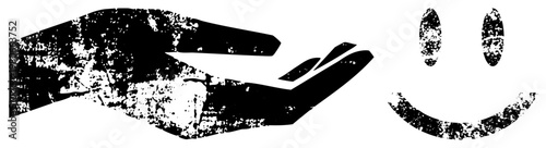 Open palm gesture presenting cheerful face, vector graphic with gritty texture, symbolic giving, positive interaction, stylized, design.