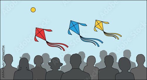 People watching colorful kites flying high.