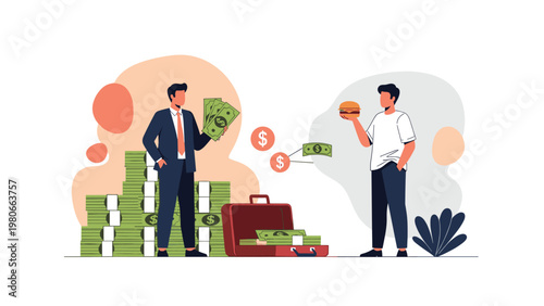 Economic inequality illustration with a wealthy businessman and a common person representing wealth disparity.