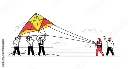 People holding large colorful kite strings.