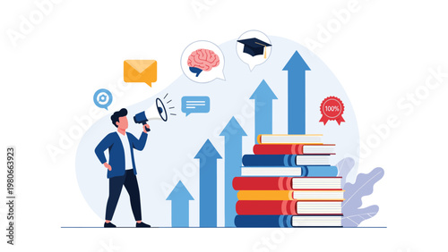 Motivated educator using a megaphone to promote learning, academic growth, and intellectual development.