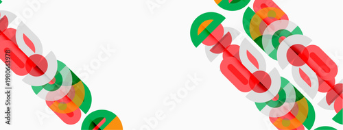 Abstract graphic design features overlapping colorful shapes. Red, green, orange hues create dynamic visual pattern. Simple, modern aesthetic.